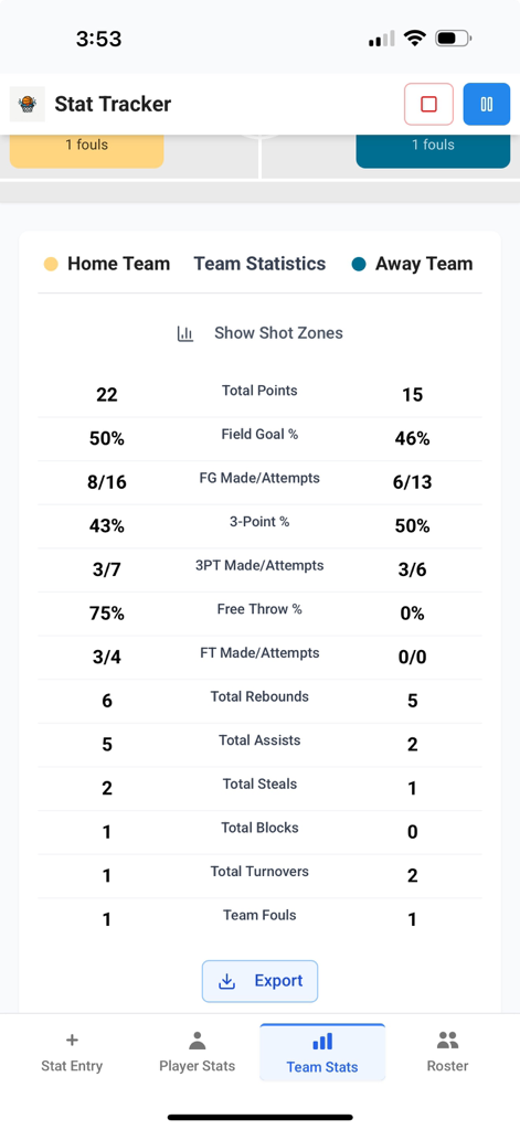Basketball Stats Tracker - App - Basketball app screen showing team statistics comparison including points, shooting percentages, and rebounds