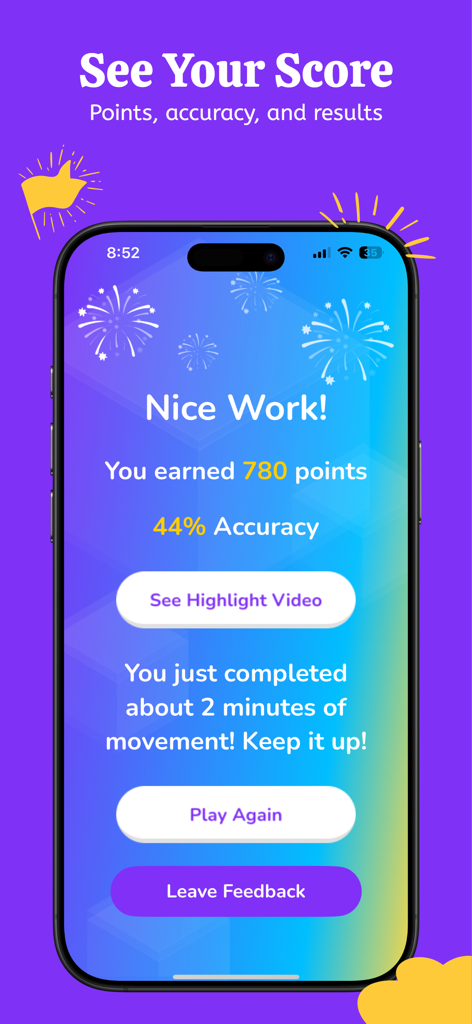 UDOIT: Dance Fitness & Workout - UDOIT app results screen showing points earned and movement accuracy after a dance workout