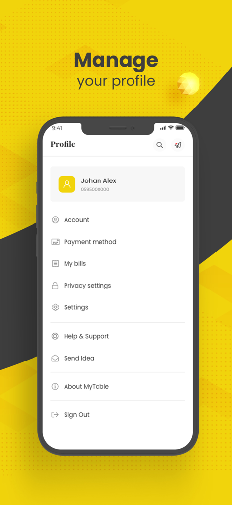MyTable ماي تيبل - アカウントと支払いメニューオプションを備えたMyTableアプリのユーザープロファイル設定ページを表示するスマートフォンディスプレイ