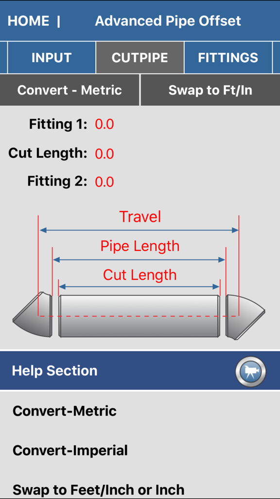 Pipe Fitter Calculator - Advanced pipe offset screen in Pipe Fitter Calculator showing cut pipe calculation diagram