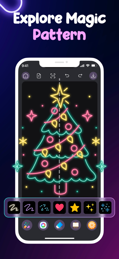 Doodle Magic: Joy Glow Drawing - Doodle Magic app screen showing a neon Christmas tree drawing and glowing brushes