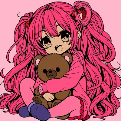 manga girl, long curly hair, happy, cuddling a teddy bear