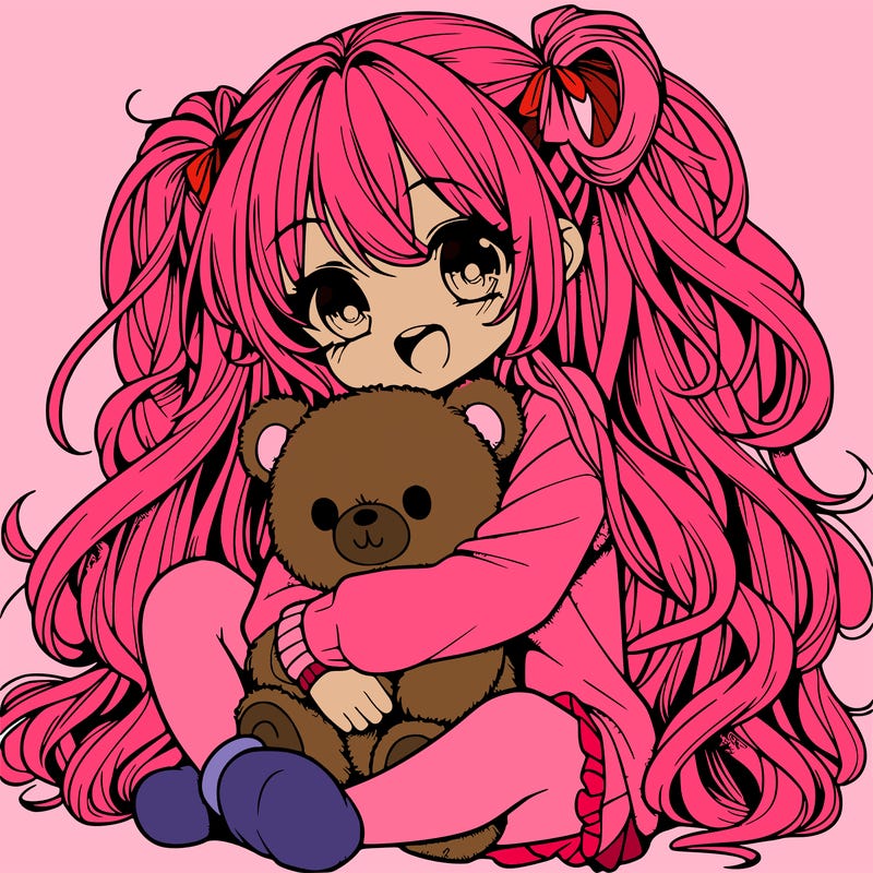 manga girl, long curly hair, happy, cuddling a teddy bear