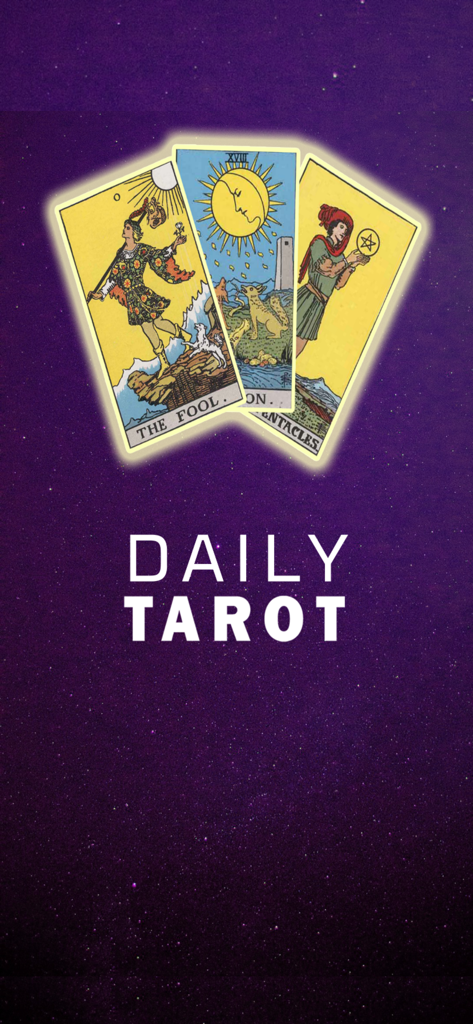 Daily Tarot app screen featuring tarot cards on a purple starry background