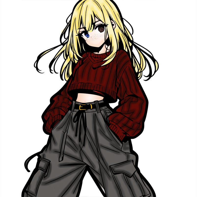 anime teen girl with baggy pants and crop top with sweater