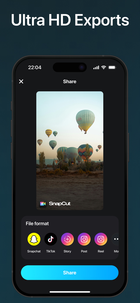SnapCut: AI Video Editor Maker - SnapCut app interface showing ultra HD video export and sharing options for social media platforms like TikTok and Instagram