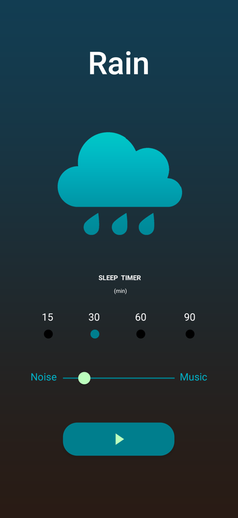 Fan Noise App Sounds for Sleep - Interface of the Fan Noise App showing rain sound settings with a sleep timer and volume mixer