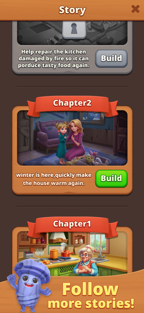 Pantalla del menú de historia en Family Savior Screw Puzzle mostrando capítulos narrativos y tareas de renovación del hogar