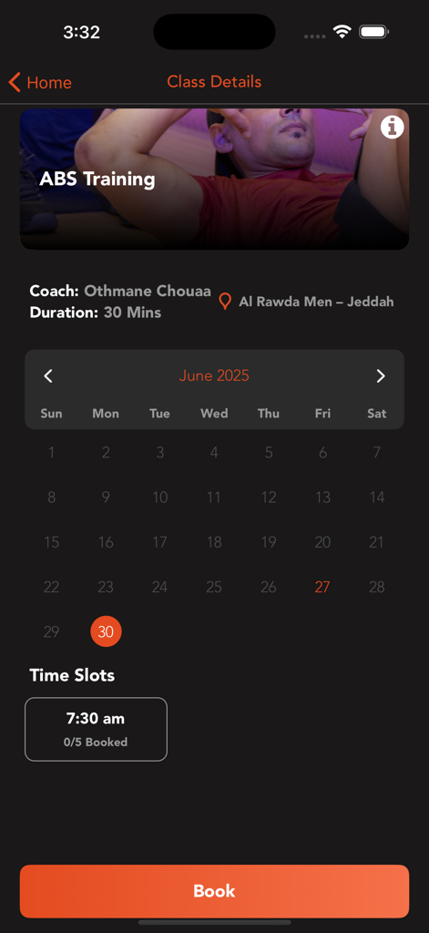 IN2 Fitness - IN2 Fitness app interface showing booking details for an abs training class with a calendar and time slots