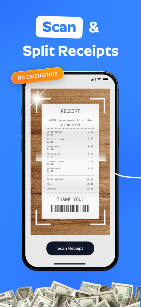 SplitIt: Group Bill Splitter - SplitIt app interface showing the scan and split receipts feature