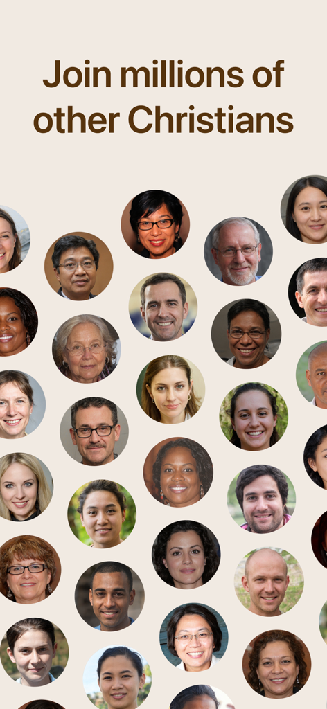 Bible Chat & Verse Widget - A collection of diverse portraits of people with the text Join millions of other Christians.