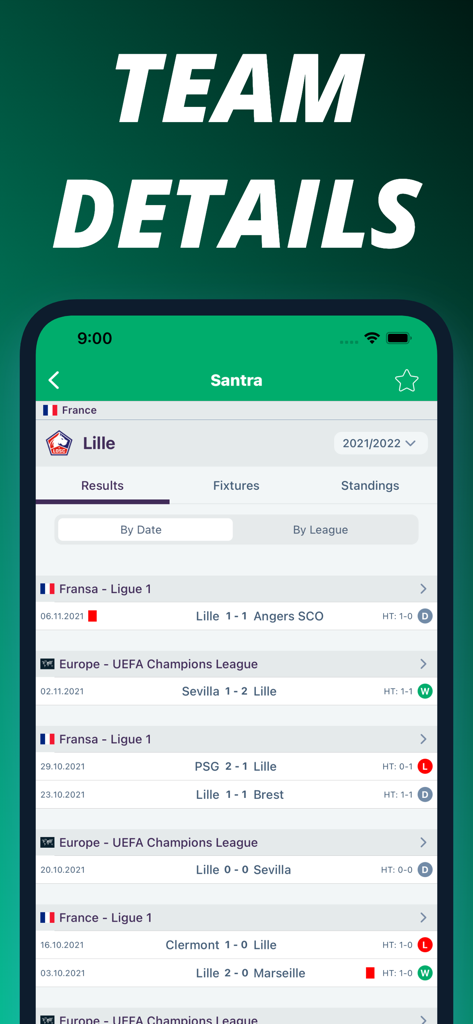 Santra mobile app screenshot showing Lille soccer team results and match history in Ligue 1 and Champions League
