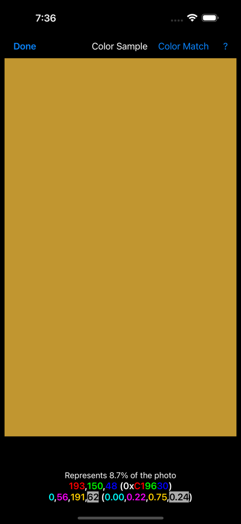 Captura de tela do aplicativo Color Hints mostrando uma amostra de cor com seus valores RGB e Hex