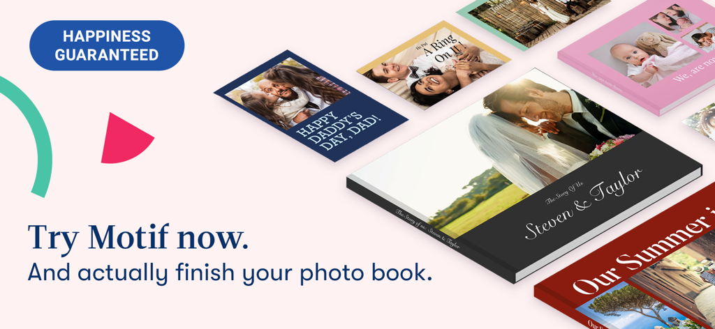 A collection of high-quality custom photo books and cards created with the Motif app.