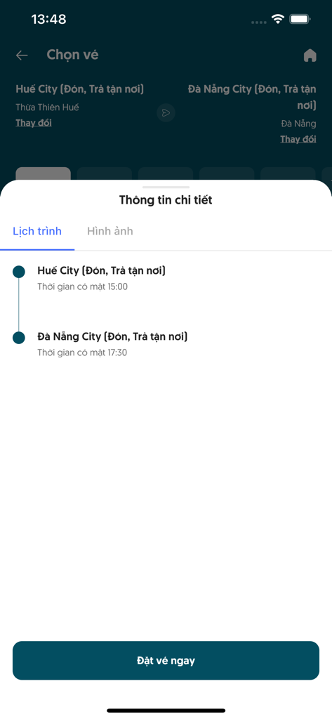 CARO LUXURY - CARO LUXURY app itinerary screen showing the shuttle service route and schedule between Hue City and Da Nang City