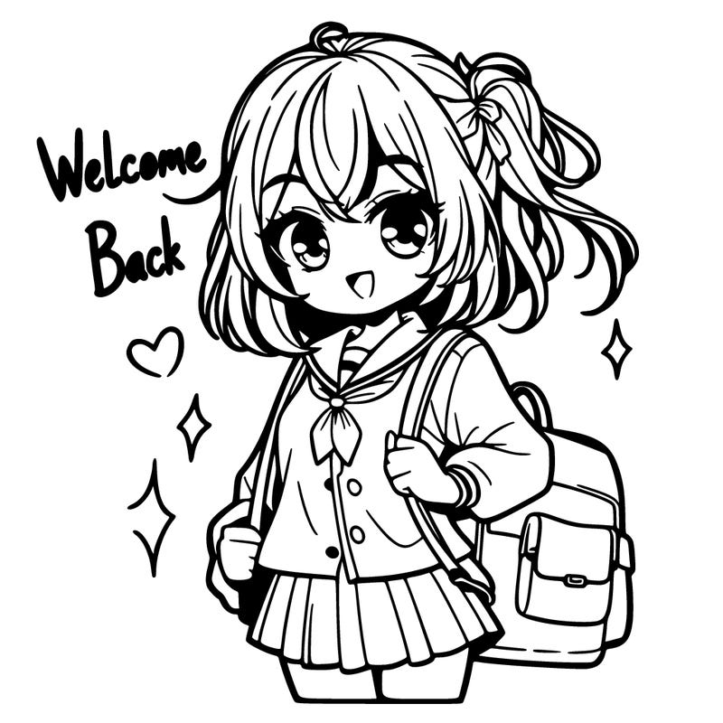 cute manga girl going to school and saying welcome back