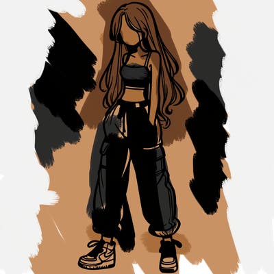 girl in baggy pants crop top and long hair