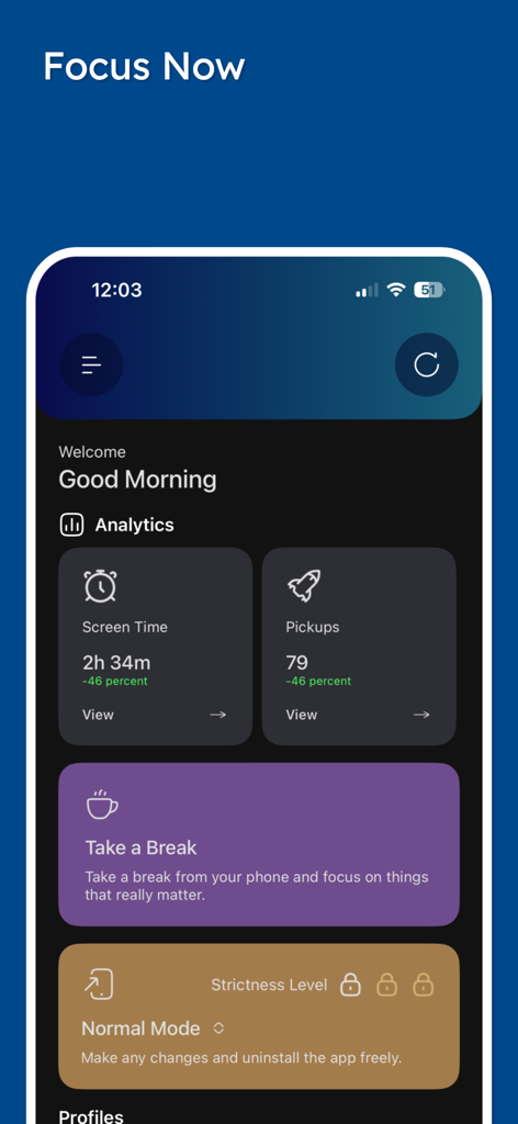 Stay Focused App/Site Blocker - Panel de la aplicación Stay Focused mostrando análisis de tiempo de pantalla y configuraciones del modo de estrictez.