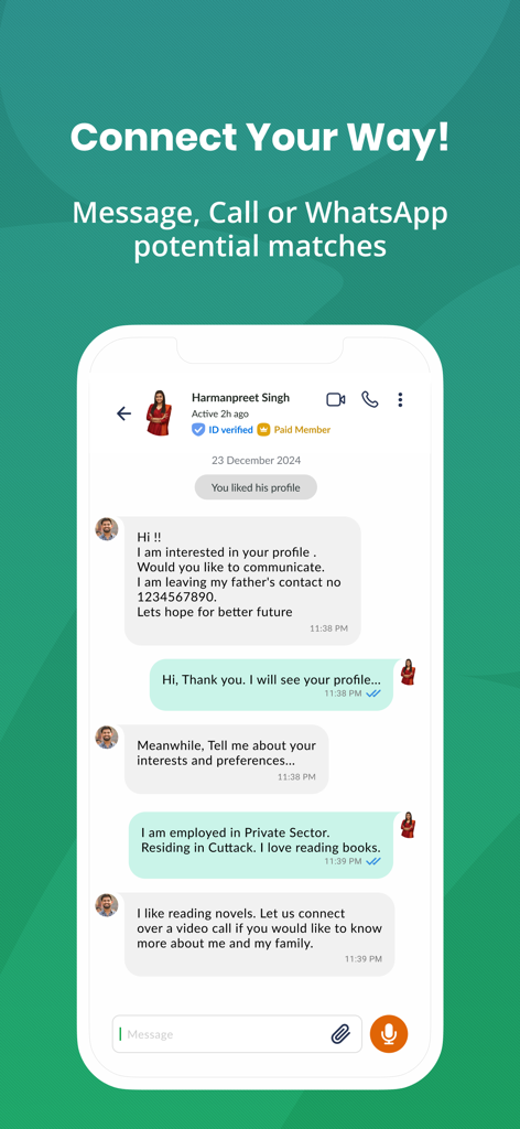Interfaz de chat de la aplicación PunjabiMatrimony que muestra una conversación entre dos perfiles verificados con opciones de mensaje, llamada y video.