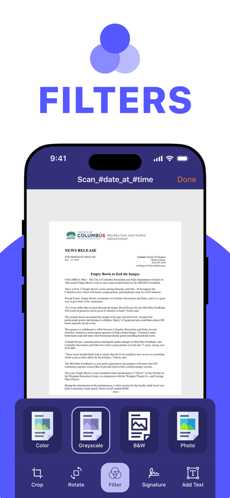 モバイルアプリのインターフェイスに、グレースケールフィルターがスキャンされたドキュメントに適用され、カラー、白黒、写真フィルターのオプションが表示されています。