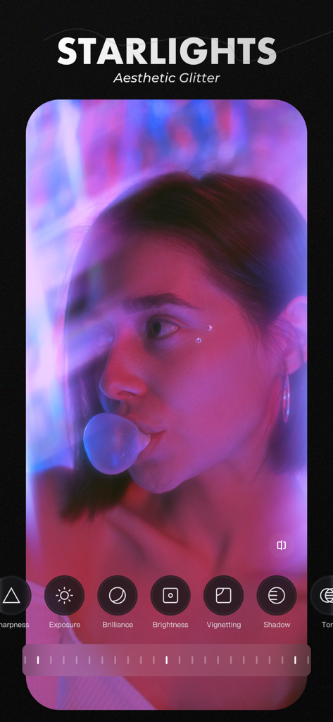 Salad Video -Video Editor - Salad Video Editor interface showing the Starlights aesthetic glitter filter and color adjustment tools