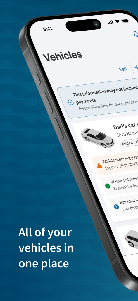 A mobile phone screen showing the vehicle management section of the NZTA Waka Kotahi app displaying registration and warrant of fitness details.