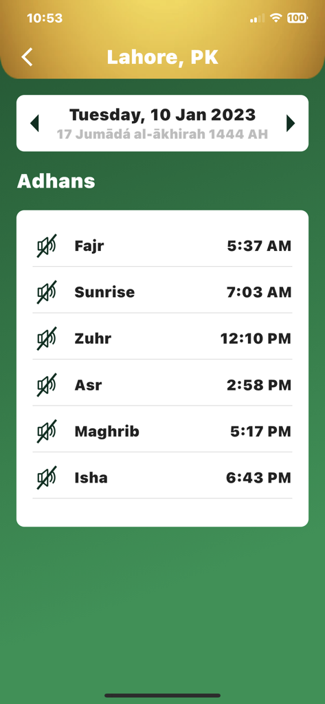 Sajud - Daily prayer times and Adhan schedule on the Sajud app interface