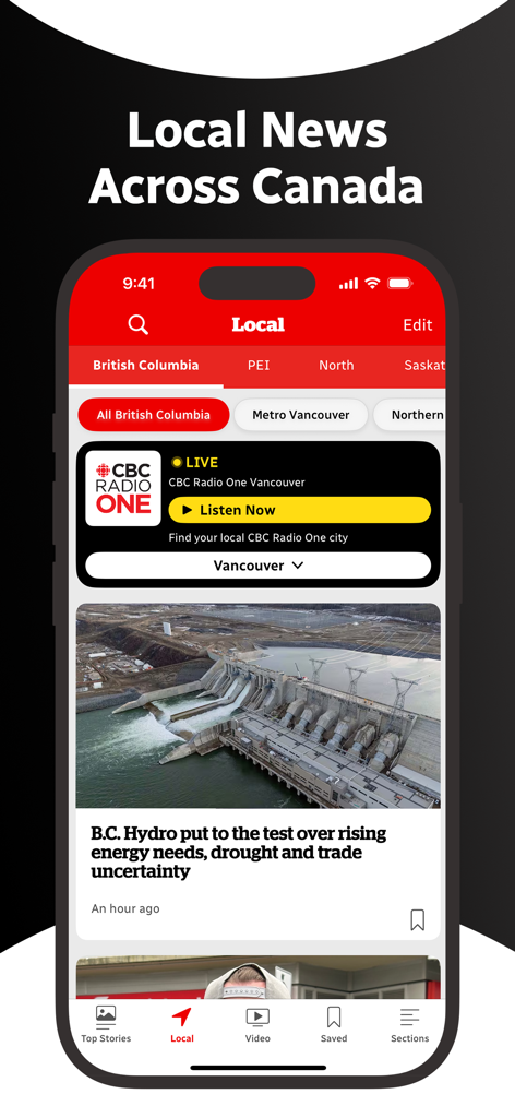 CBC News mobile app interface showcasing local news for British Columbia and live radio access
