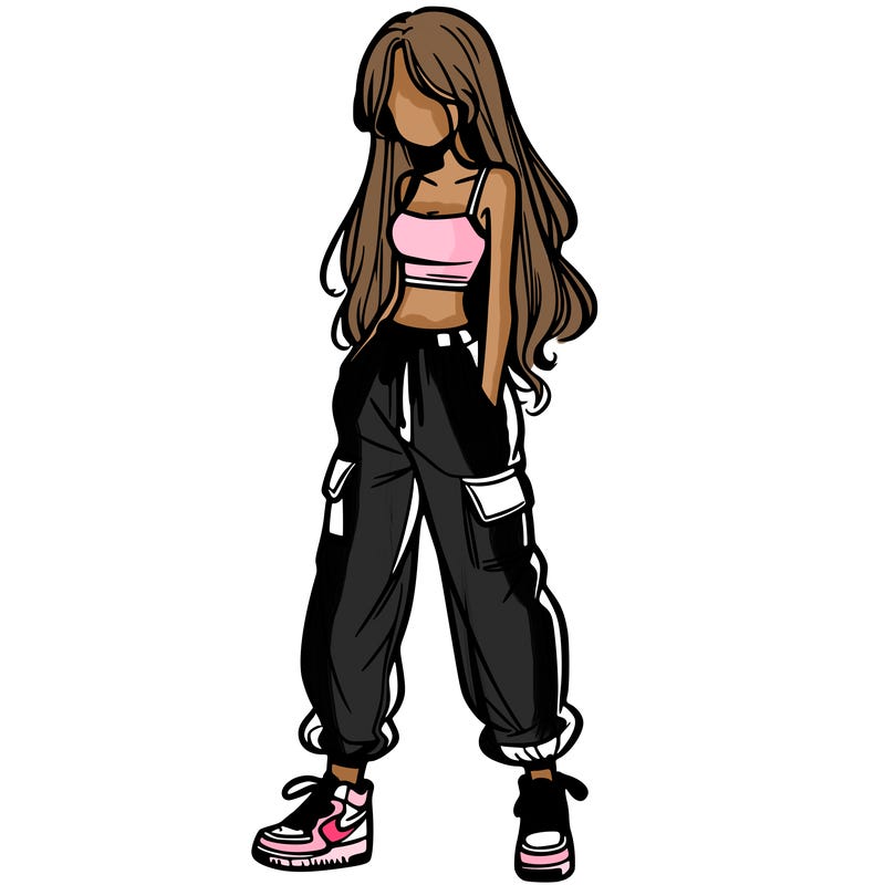 girl in baggy pants crop top and long hair