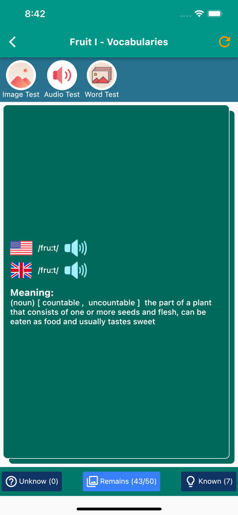 English Vocabulary in Use - Mobile app screen showing a vocabulary lesson for the word fruit including US and UK pronunciation and word definition