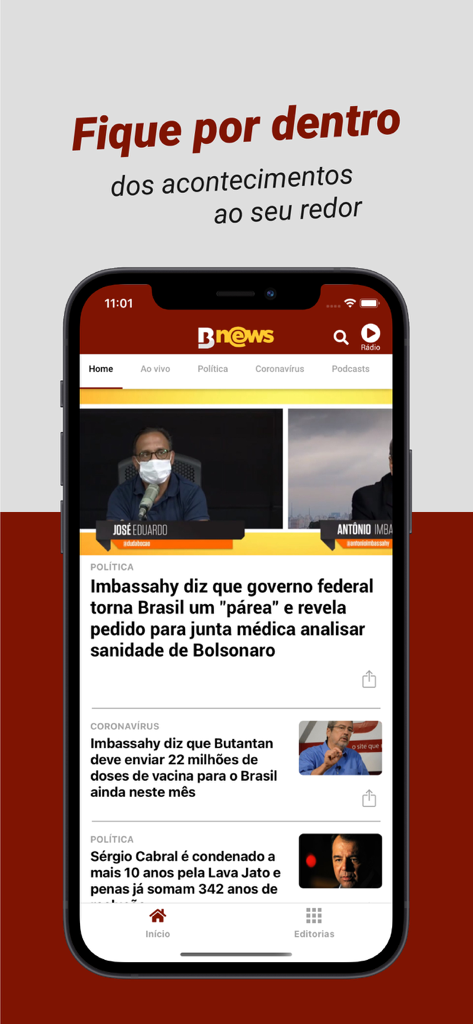 Captura de tela da interface do aplicativo móvel BNews Oficial exibindo um feed de notícias com manchetes sobre política brasileira e eventos locais.