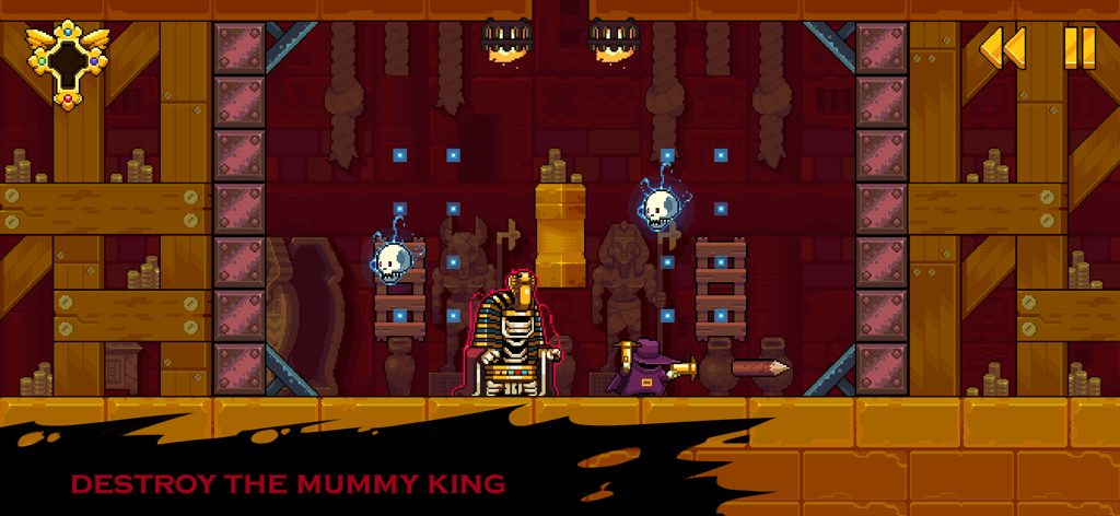 Pixel art gameplay of a monster hunter facing the Mummy King in a tomb