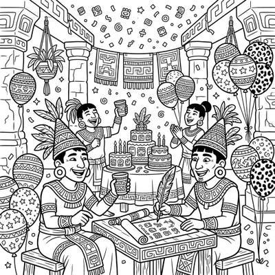 Journey back in time with this festive coloring page featuring skilled Mayan scribes celebrating a vibrant birthday party. Adorned with traditional cakes, balloons, and confetti, it's a unique blend of history and joyous celebration.