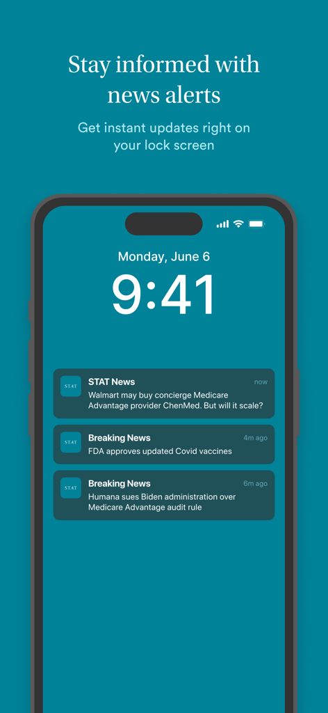 STAT News app lock screen showing breaking health and biotech news alerts