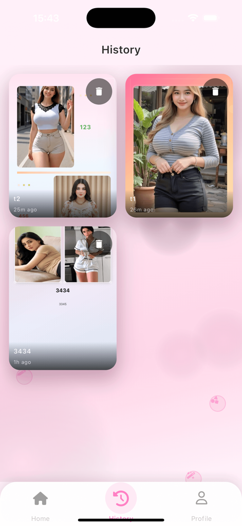 Miru- - Un écran d'historique dans l'application Miru affichant une grille d'affiches esthétiques et de conceptions de style magazine enregistrées
