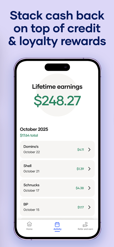 Upside app activity screen showing over 248 dollars in lifetime cash back earnings and transaction history