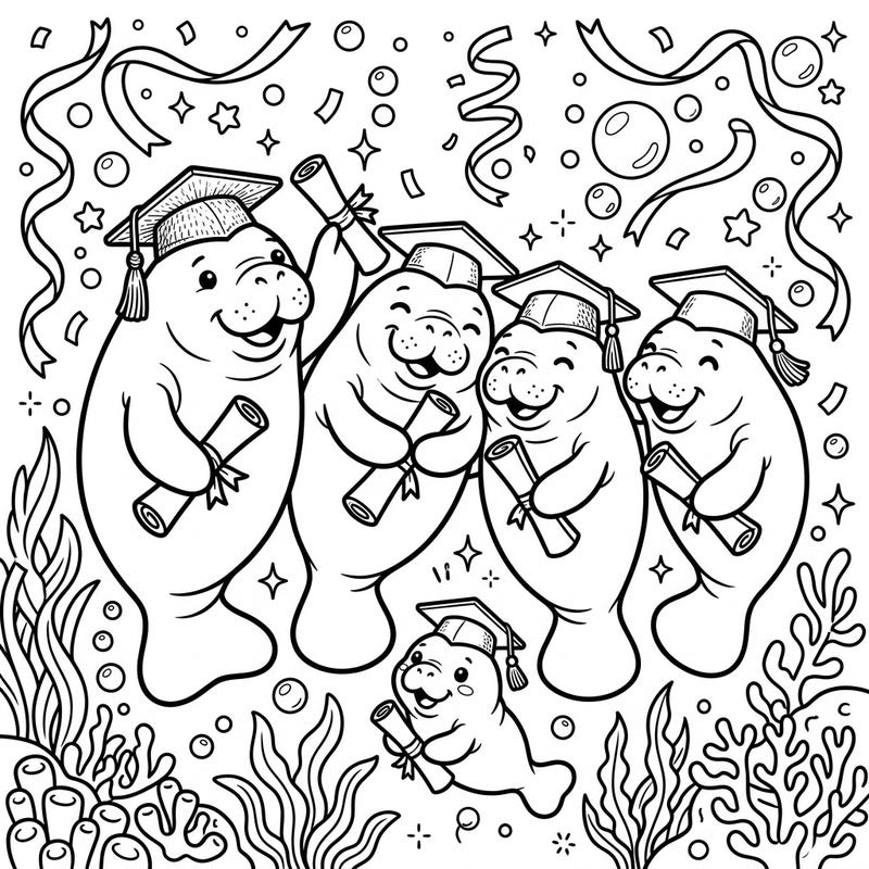 Join a joyful herd of manatees as they celebrate their special graduation day! This adorable coloring page captures the excitement of achievement with cute caps, diplomas, and underwater cheer.