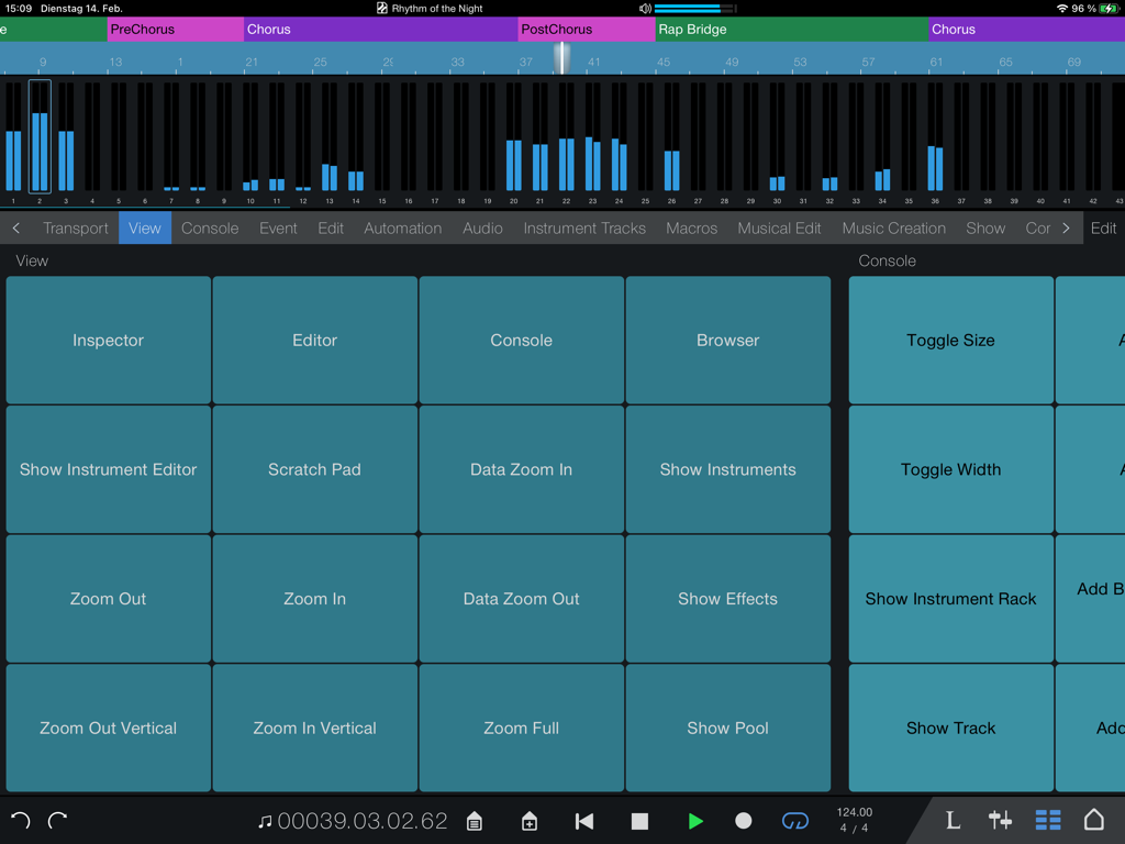 Studio Pro Remote app interface on iPad showing transport controls and DAW function buttons