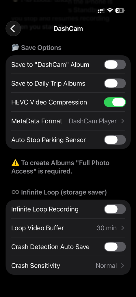 Settings interface of the DashCam Recorder app displaying save options and loop recording features.