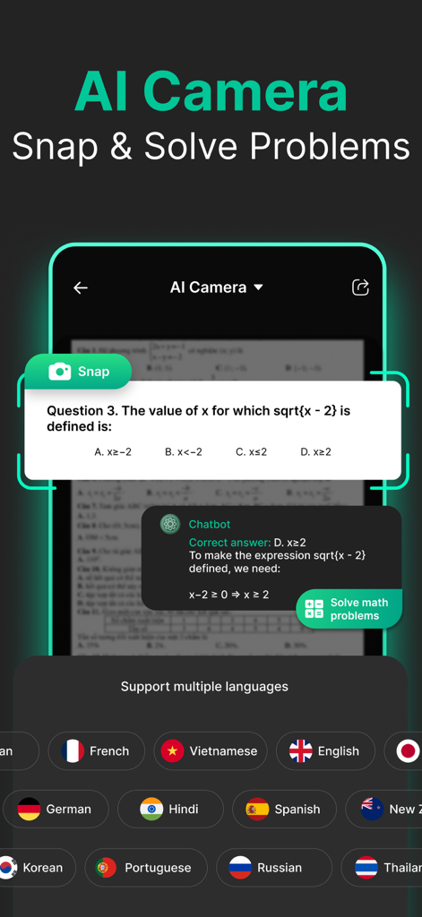 AI Chatbot 4 - Chat with AI - A screenshot of the AI Camera feature solving a math equation from a photo with a detailed explanation