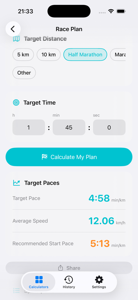 Run4Speed - Run4Speed app interface showing a race plan calculator with target pace and speed for a half marathon.