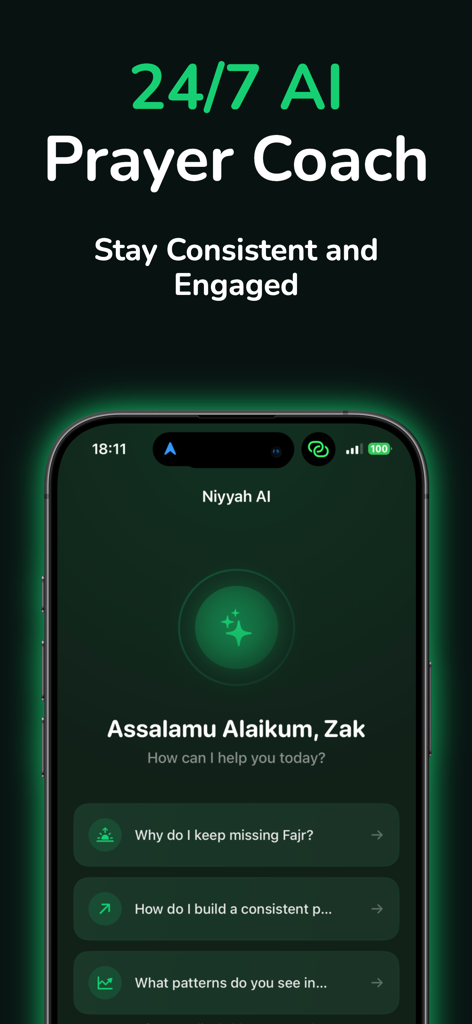 Interface of the Niyyah 24/7 AI Prayer Coach showing personalized spiritual guidance on a smartphone