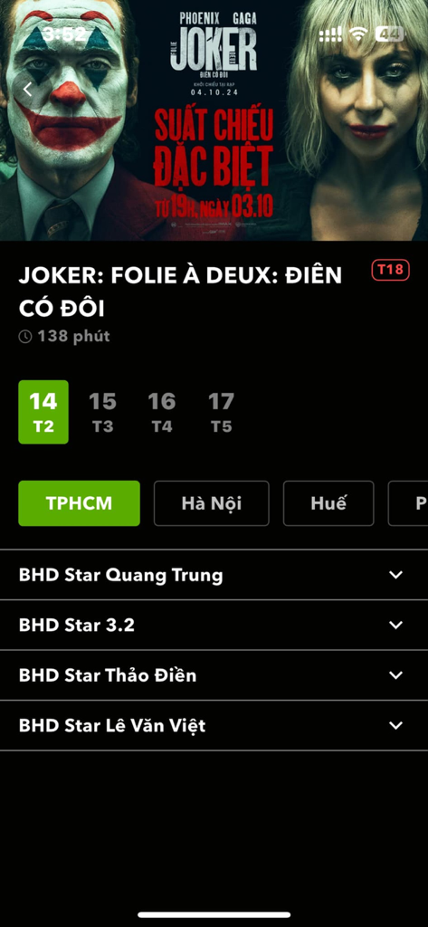 BHD Star Cineplex app interface showing theater locations and showtimes for the movie Joker Folie à Deux