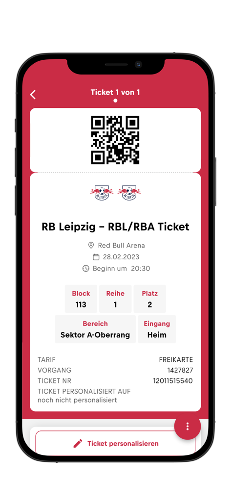 RBL Ticket - Entrada digital del partido en la aplicación RBL Ticket con código QR e información del asiento para el Red Bull Arena