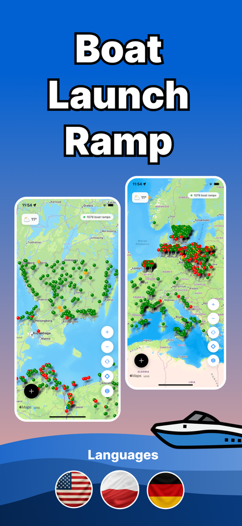 Interface do mapa do aplicativo Rampa de Lançamento de Barcos mostrando locais globais de escorregadores e opções de idioma
