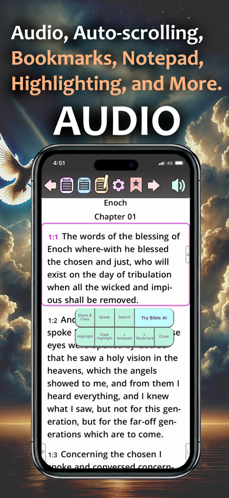 Jubilees, Jasher, Enoch, Bible - Mobile app interface showing text from the Book of Enoch with audio playback and study tool features