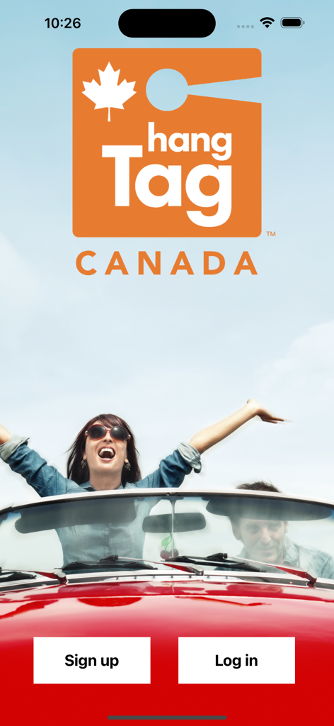 hangTag Canada: Park & Go - 赤いコンバーチブルに乗った女性とサインアップボタンが特徴のhangTagカナダアプリの起動画面。