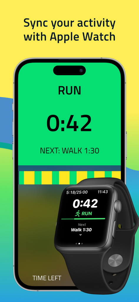 Oberfläche der 10K Runner App, synchronisiert zwischen einem iPhone und einer Apple Watch, die Laufintervalle anzeigt.