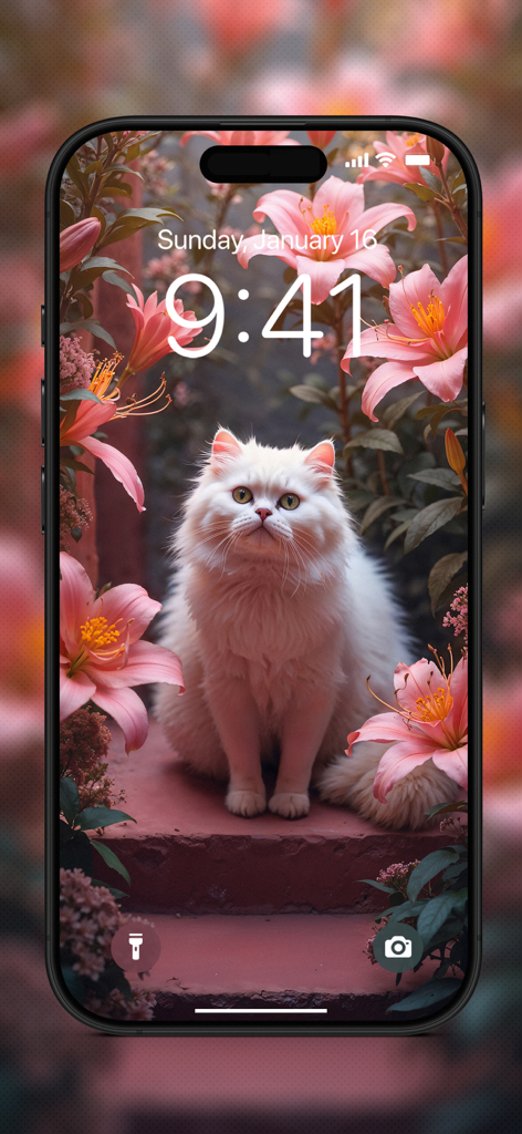 Cute Cat Wallpapers 4K - A high-quality 4K wallpaper of a cute white fluffy cat sitting among pink lilies on an iPhone lock screen