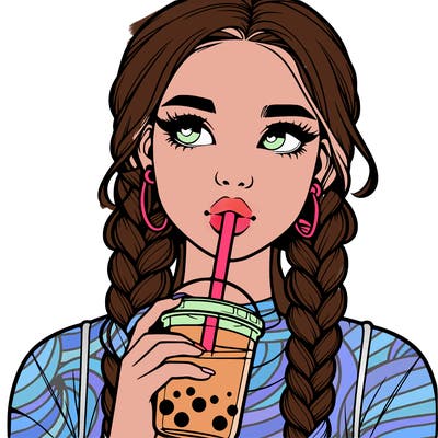 realistic girl with braided hair drinking boba